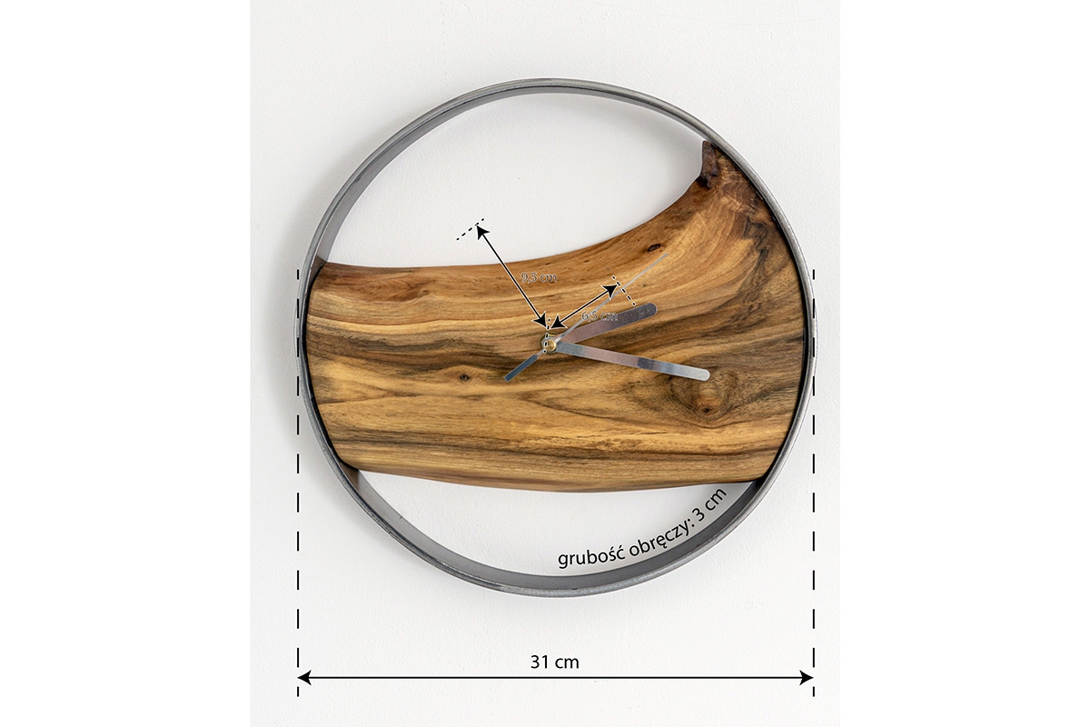 Drewniany zegar ścienny KAYU 10 Orzech w stylu Loft - Stal - 31 cm Drewniany zegar ścienny KAYU 10 Orzech w stylu Loft - Stal - wymiary