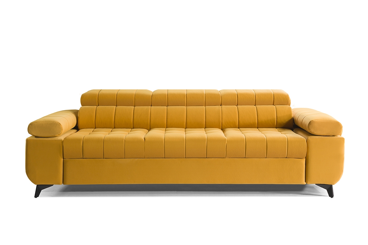 Sofa rozkładana do salonu Dragonis  żółta sofa wysokimi nóżkami 