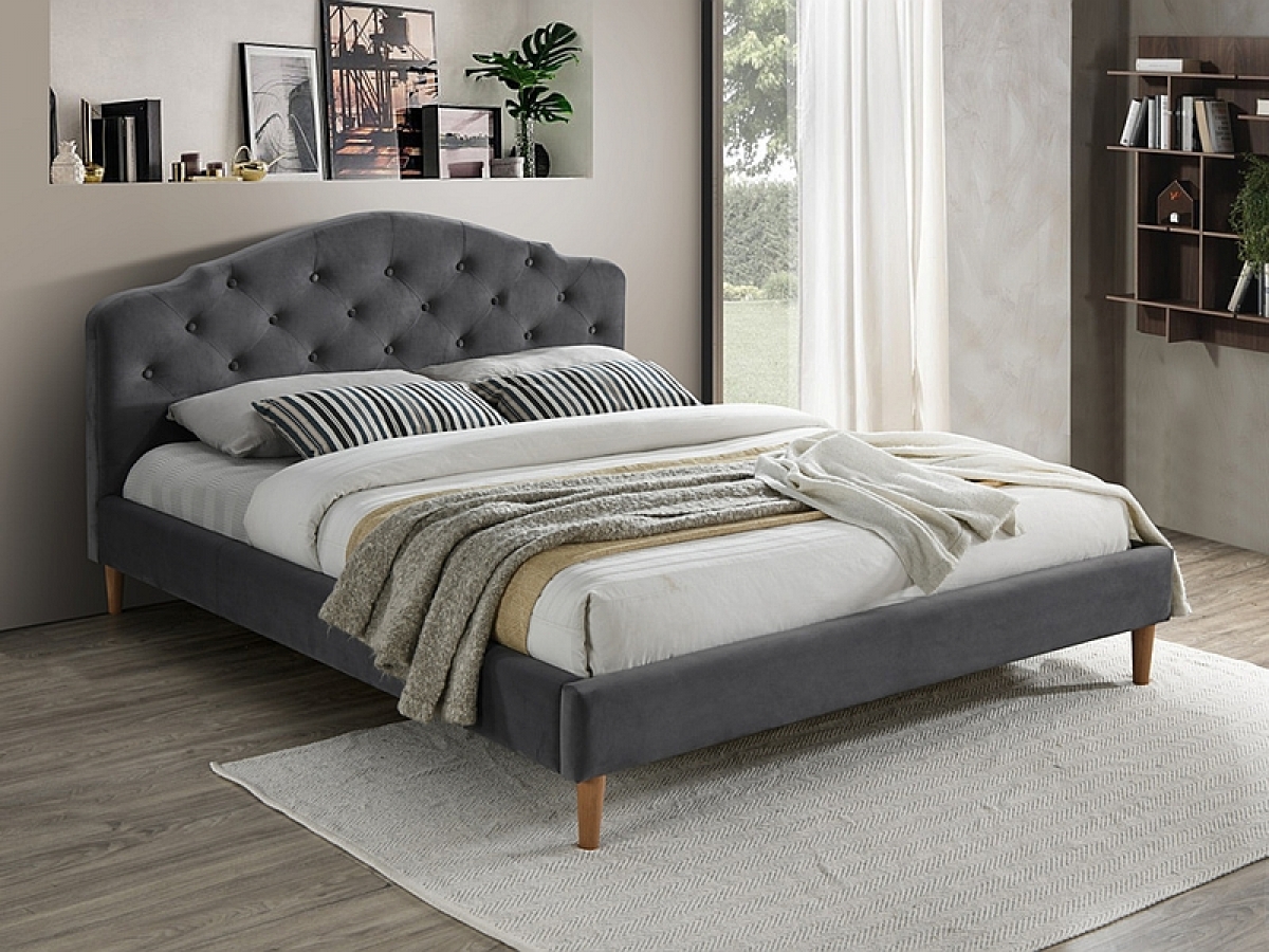 Łóżko tapicerowane Chloe Velvet 160x200 - szary / dąb łóżko tapicerowane w stylu chesterfield