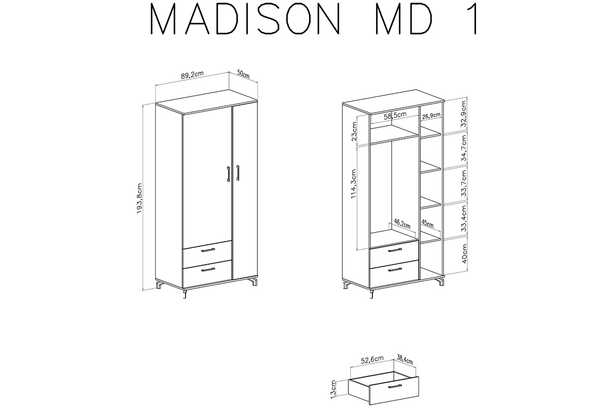 Szafa Madison MD1 z szufladami 90 cm - czarny / dąb biszkoptowy Szafa dwudrzwiowa z dwiema szufladami Madison MD1 - czarny / dąb biszkoptowy - wymiary