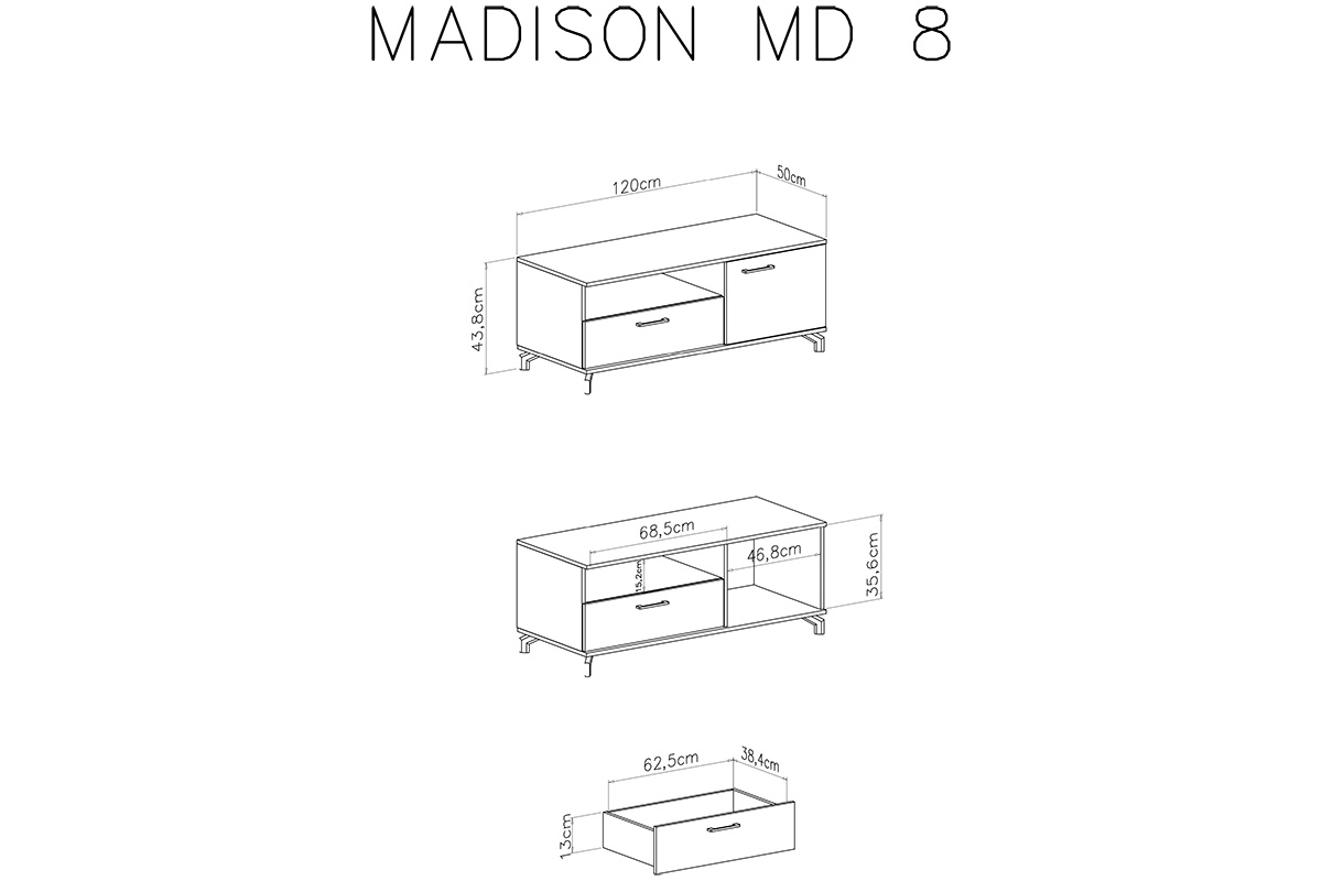 Komoda RTV Madison MD8 z szufladą 120 cm - czarny / dąb biszkoptowy Komoda RTV jednodrzwiowa z wnęką i szufladą Madison MD8 - czarny / dąb biszkoptowy - wymiary