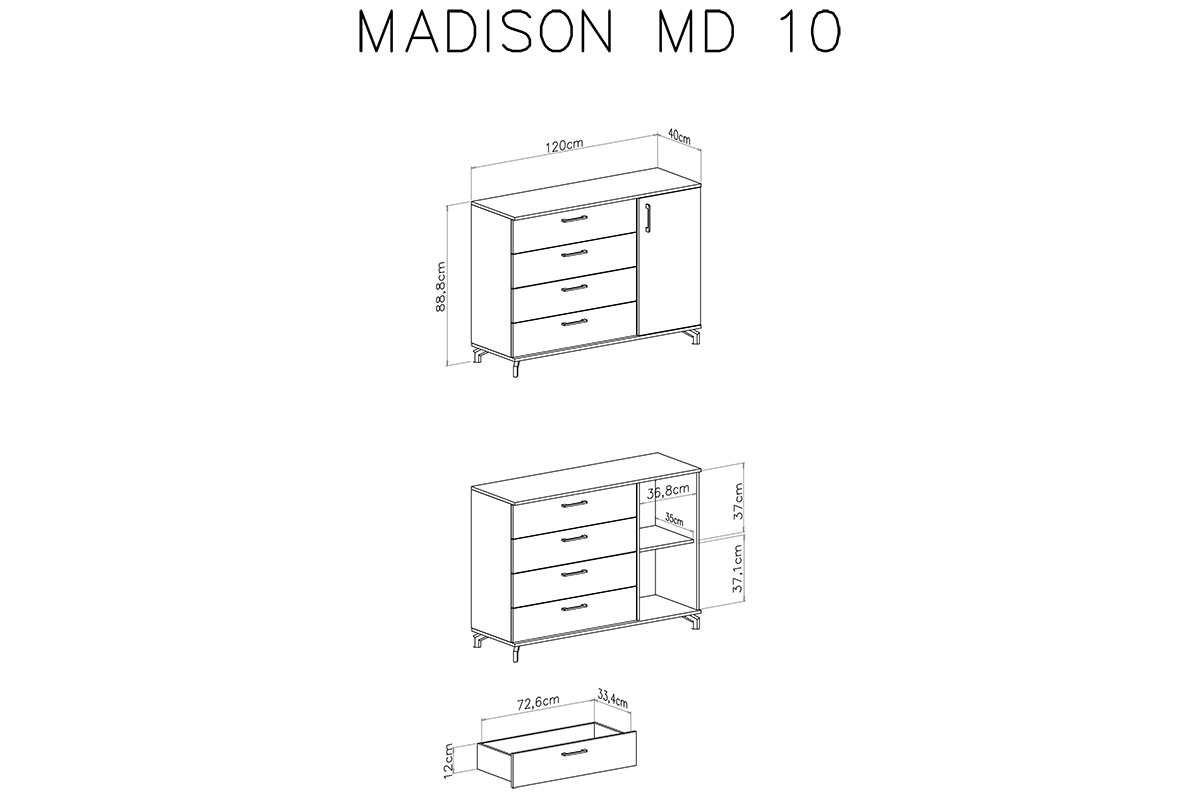 Komoda Madison MD10 z szufladami 120 cm - czarny / dąb biszkoptowy Komoda jednodrzwiowa z czterema szufladami Madison MD10 - czarny / dąb biszkoptowy - wymiary