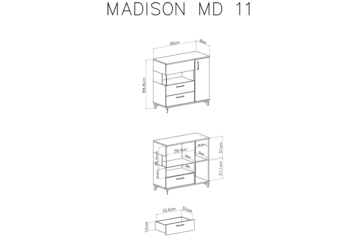 Komoda Madison MD11 z szufladą 90 cm - czarny / dąb biszkoptowy Komoda dwudrzwiowa z szufladą Madison MD11 - czarny / dąb biszkoptowy - wymiary