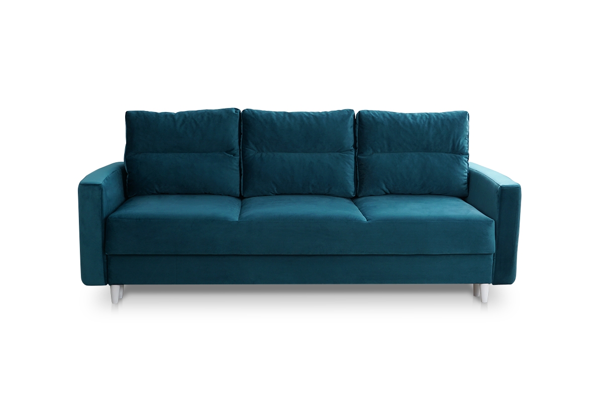Kanapa rozkładana do salonu Larysa niebieska kanapa z białymi nogami 