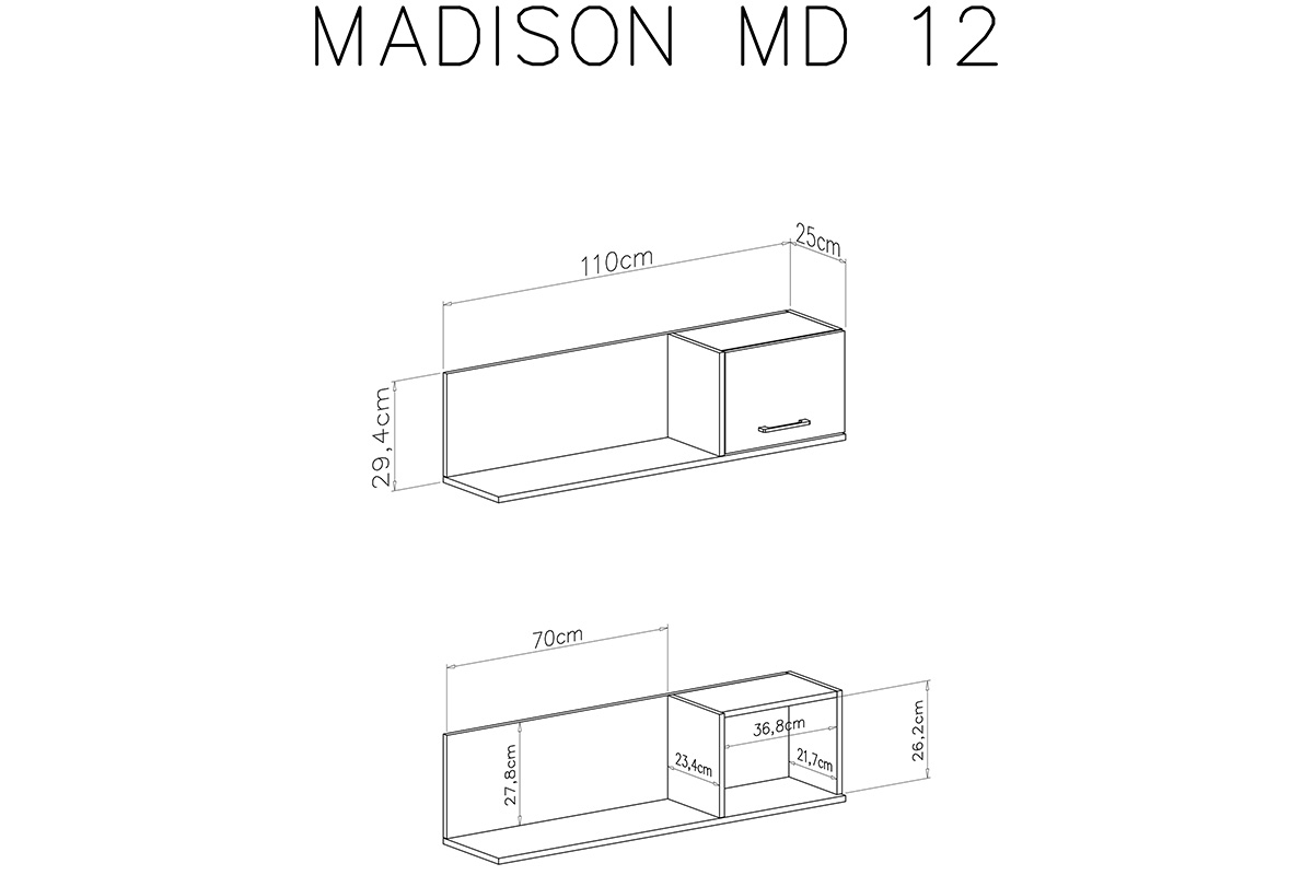 Półka wisząca Madison MD12 - 110 cm - czarny / dąb biszkoptowy Półka wisząca z szafką Madison MD12 - czarny / dąb biszkoptowy - wymiary