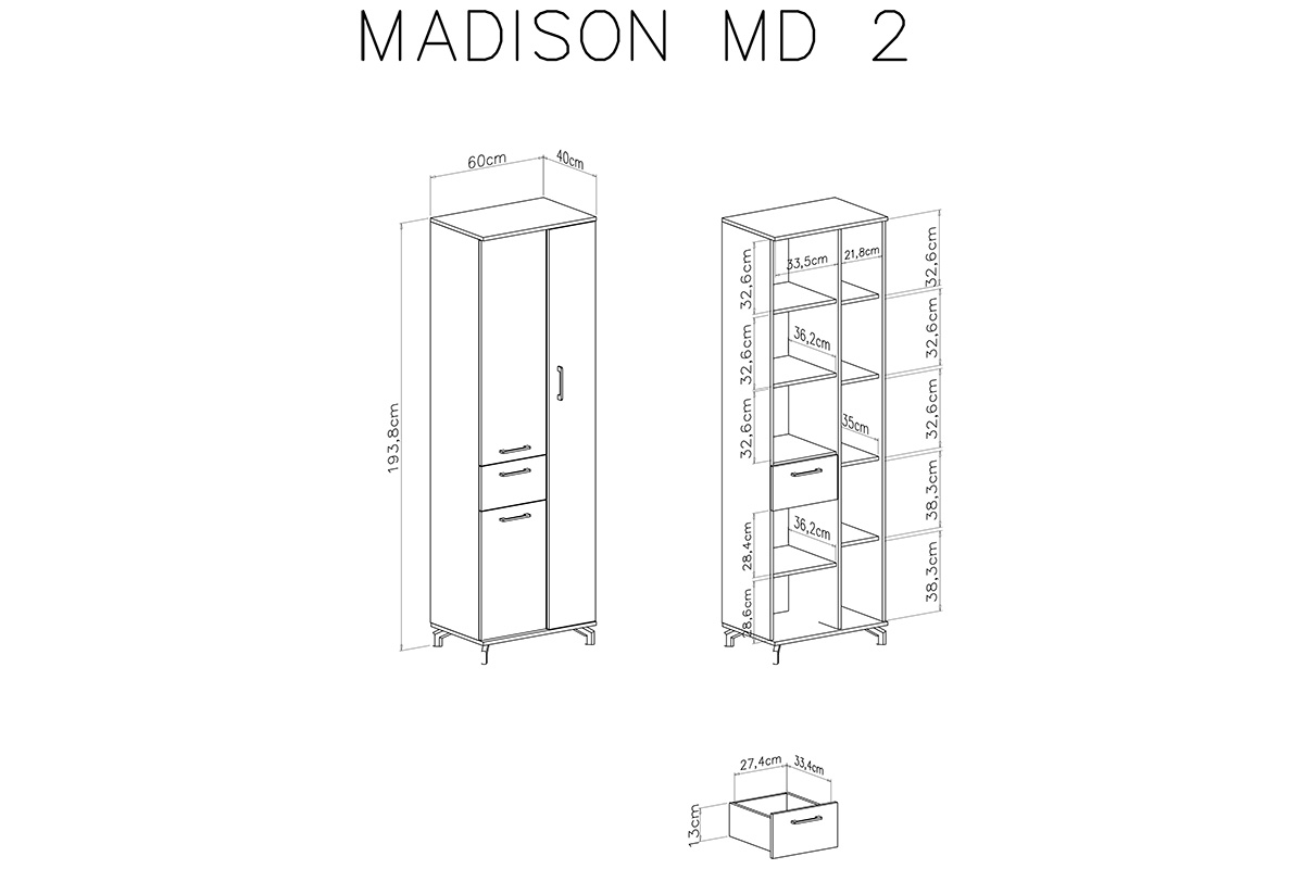 Szafa Madison MD2 z szufladą 60 cm - biały / dąb biszkoptowy Szafa trzydrzwiowa z szufladą Madison MD2 - biały / dąb biszkoptowy - wymiary