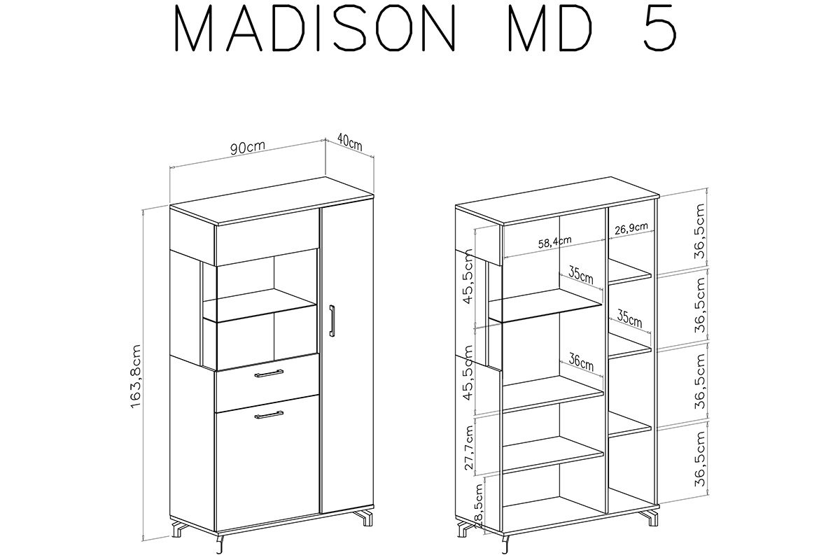Komoda Madison MD5 - 90 cm - biały / dąb biszkoptowy Komoda trzydrzwiowa Madison MD5 - biały / dąb biszkoptowy - wymiary