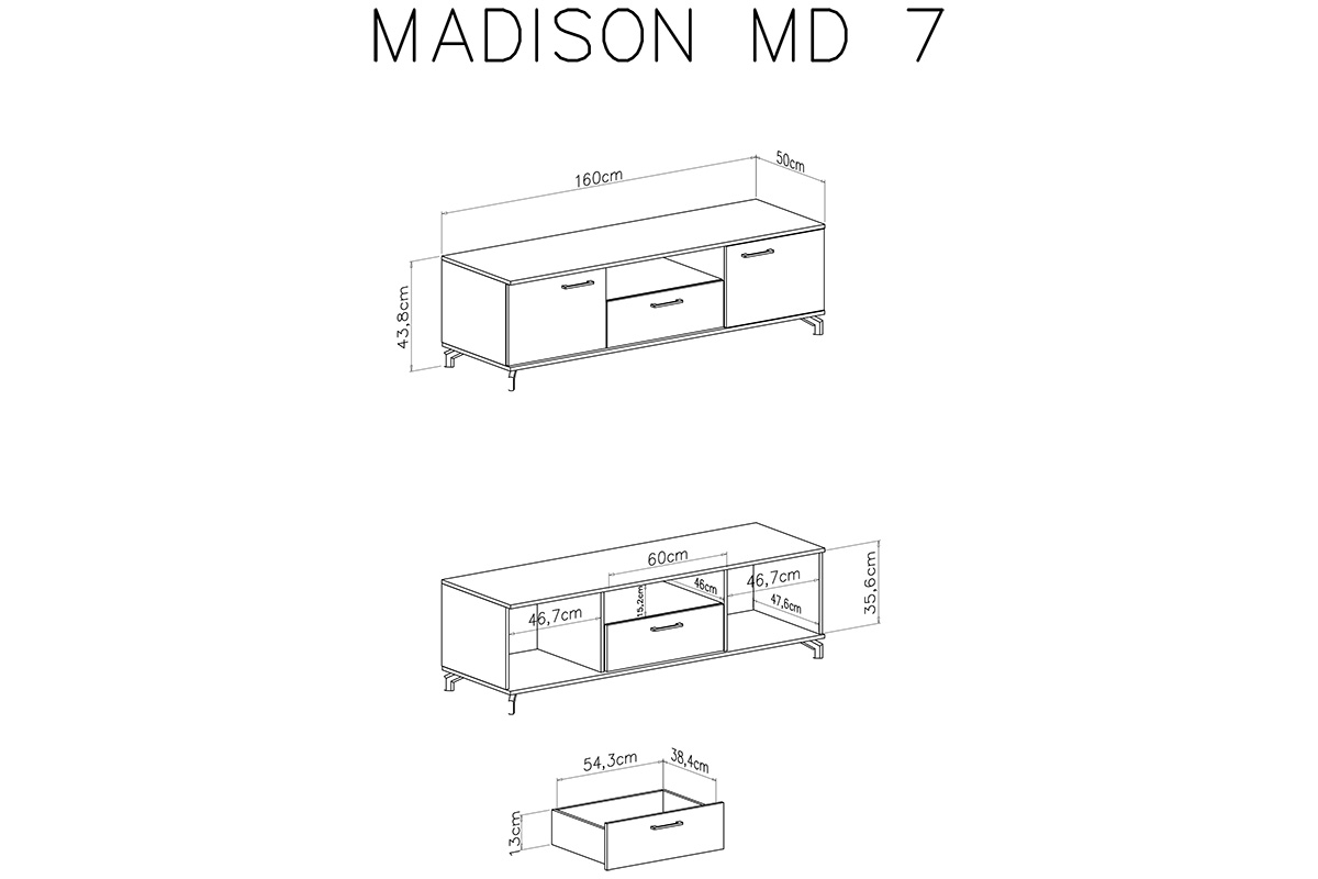 Szafka RTV Madison MD7 z szufladą 160 cm - biały / dąb biszkoptowy Komoda RTV dwudrzwiowa z wnęką i szufladą Madison MD7 - biały / dąb biszkoptowy - wymiary
