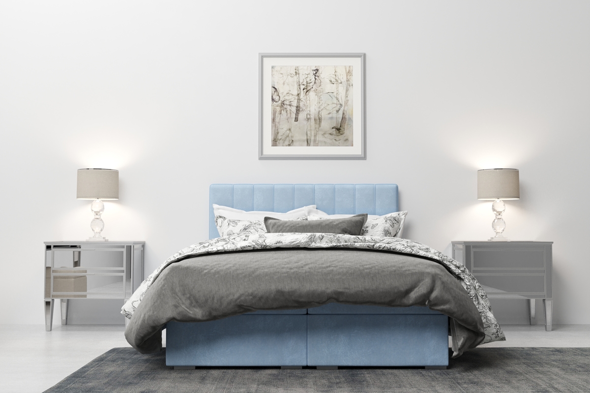 Łóżko kontynentalne z pojemnikami Arkadia 140x200  niebieskie łóżko z wysokim wezgłowiem 