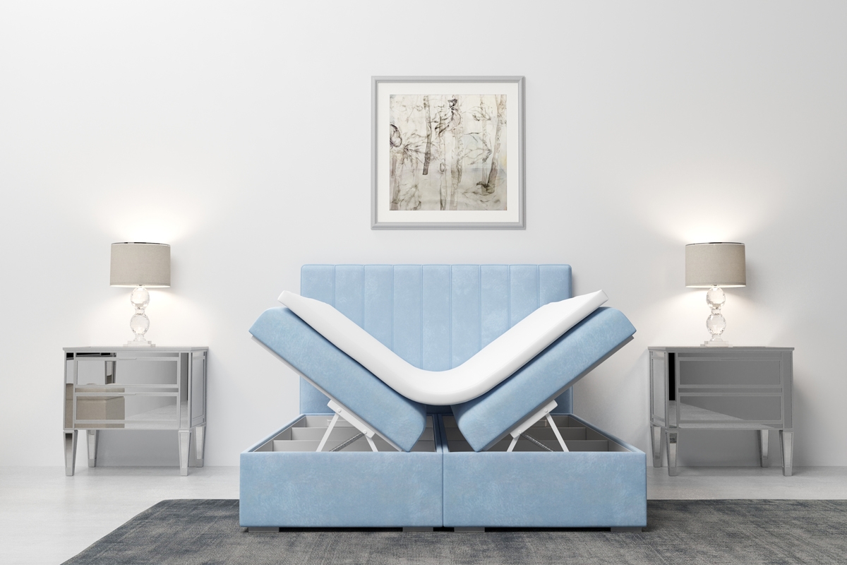 Łóżko kontynentalne z pojemnikami Arkadia 140x200  niebieskie łóżko do sypialni z pojemnikami na pościel 