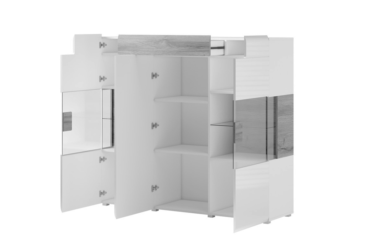 Trzydrzwiowa witryna Toledo 46 z szufladą 147 cm - biały połysk Witryna trzydrzwiowa z szufladą Toledo 46 - biały połysk - wnętrze