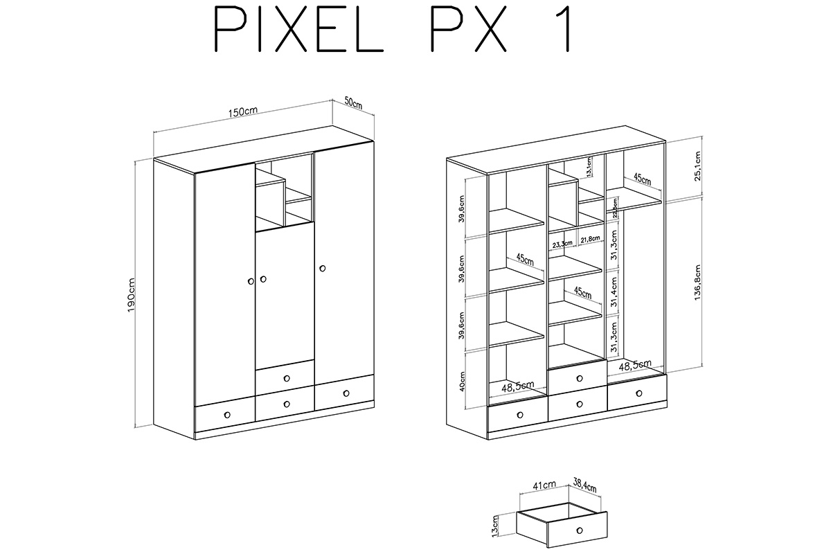 Szafa młodzieżowa Pixel 1 z szufladami 150 cm - dąb biszkoptowy / biały lux / szary Szafa młodzieżowa Pixel 1 - dąb biszkoptowy/biały lux/szary - schemat