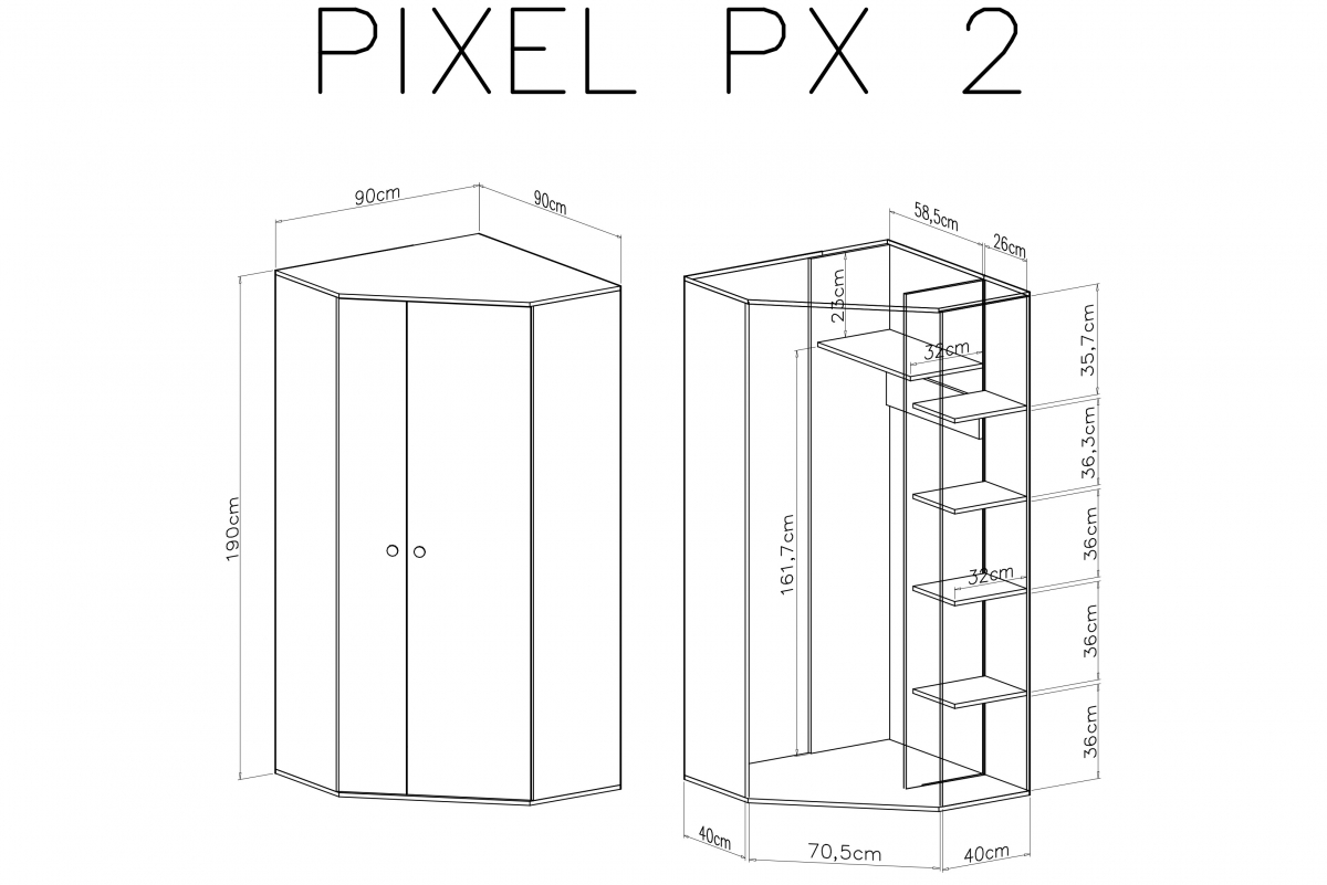 Szafa narożna Pixel 2 dwudrzwiowa 90 cm - dąb biszkoptowy / biały lux / szary Szafa narożna dwudrzwiowa Pixel 2 - dąb biszkoptowy/biały lux/szary - schemat