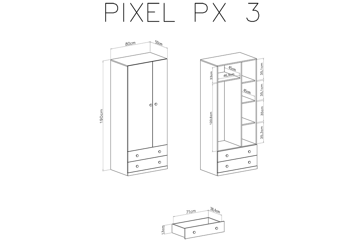 Szafa młodzieżowa Pixel 3 z szufladami 80 cm - dąb biszkoptowy / biały lux / szary Szafa młodzieżowa Pixel 3 - dąb biszkoptowy/biały lux/szary - schemat