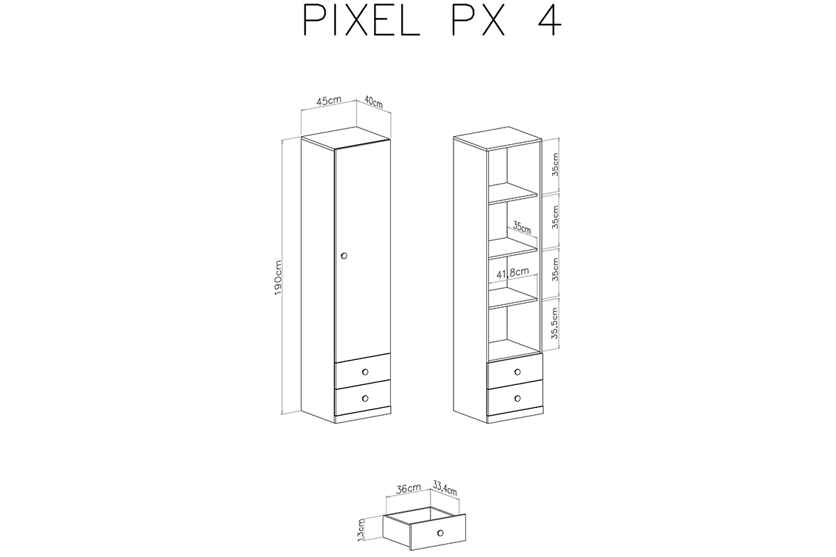 Regał Pixel 4 z szufladami 45 cm - dąb biszkoptowy / biały lux / szary Regał jednodrzwiowy z szufladami Pixel 4 - dąb biszkoptowy/biały lux/szary - schemat