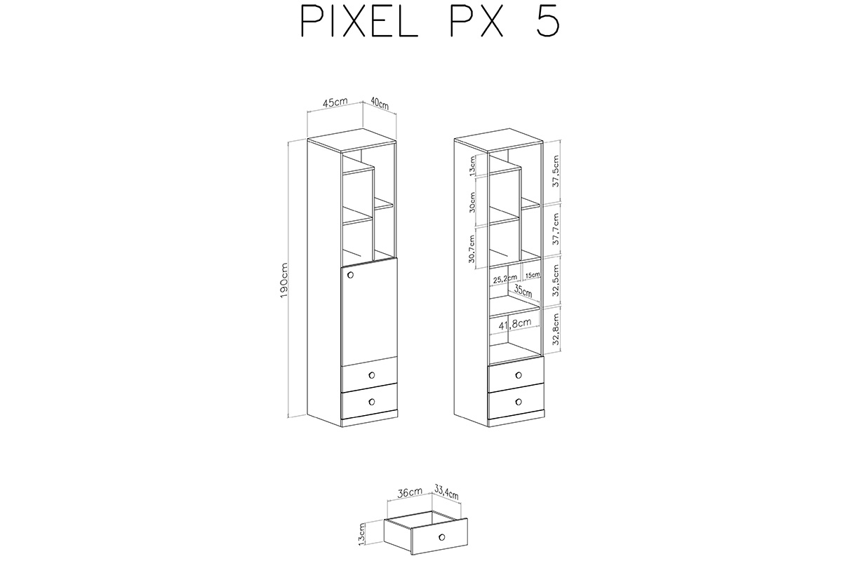 Regał Pixel 5 z szufladami 45 cm - dąb biszkoptowy / biały lux / szary Regał młodzieżowy Pixel 5 - dąb biszkoptowy/biały lux/szary - schemat
