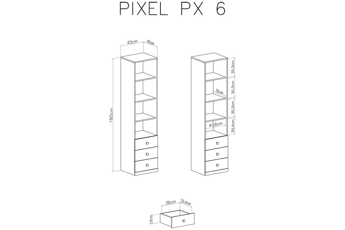 Regał Pixel 6 z szufladami 45 cm - dąb biszkoptowy / biały lux / szary Regał młodzieżowy Pixel 6 - dąb biszkoptowy/biały lux/szary - schemat