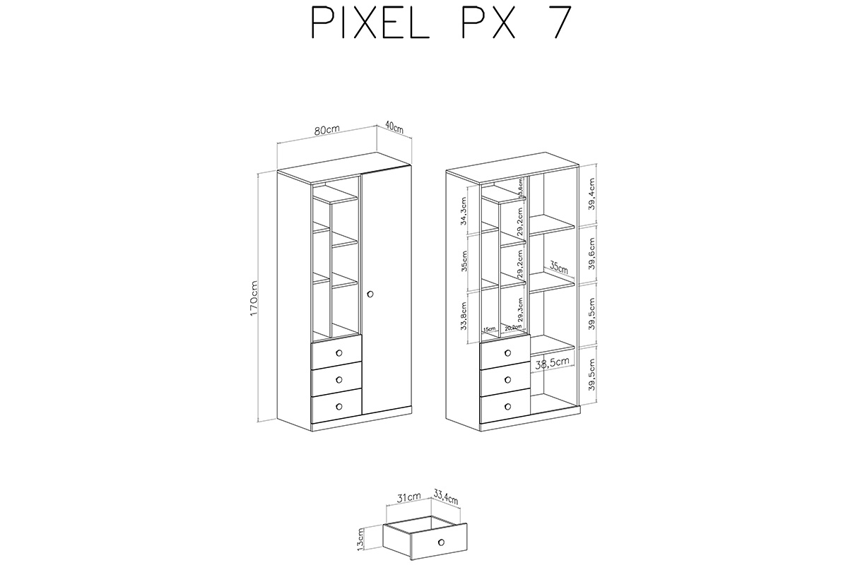 Regał Pixel 7 z szufladami 80 cm - dąb biszkoptowy / biały lux / szary Regał młodzieżowy Pixel 7 - dąb biszkoptowy/biały lux/szary - schemat