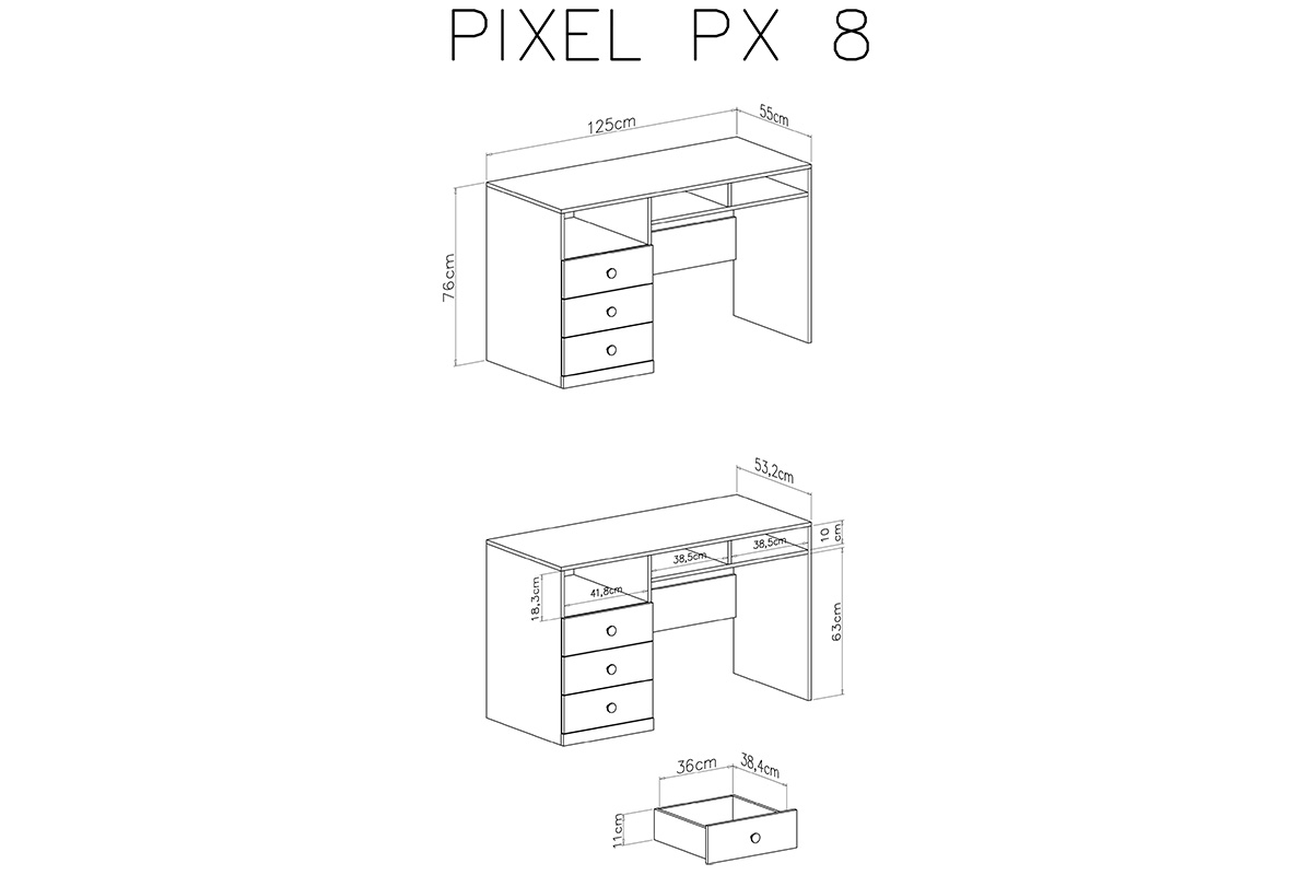 Biurko młodzieżowe Pixel 8 z szufladami 125 cm - dąb biszkoptowy / biały lux / szary Biurko młodzieżowe Pixel 8 - dąb biszkoptowy/biały lux/szary - schemat