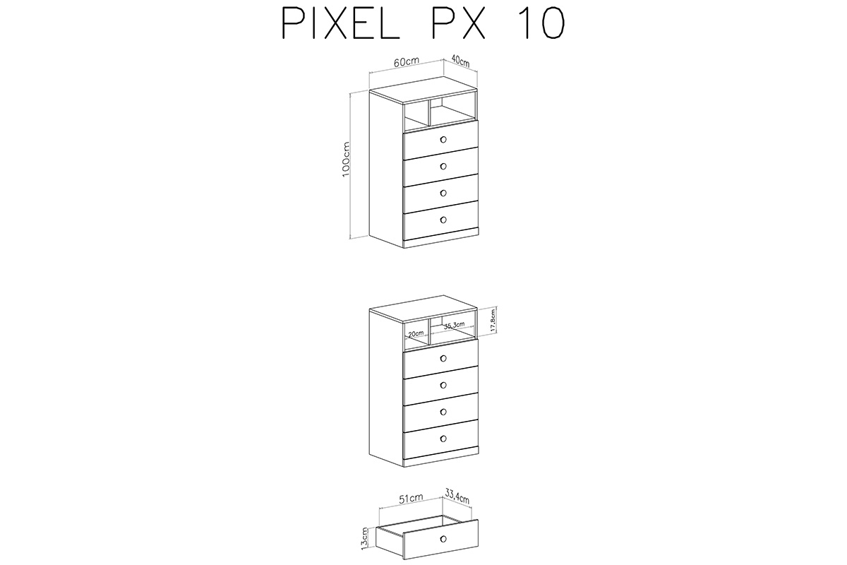Komoda młodzieżowa Pixel 10 z szufladami 60 cm - dąb biszkoptowy / biały lux / szary Komoda młodzieżowa z czterema szufladami Pixel 10 - dąb biszkoptowy/biały lux/szary - schemat