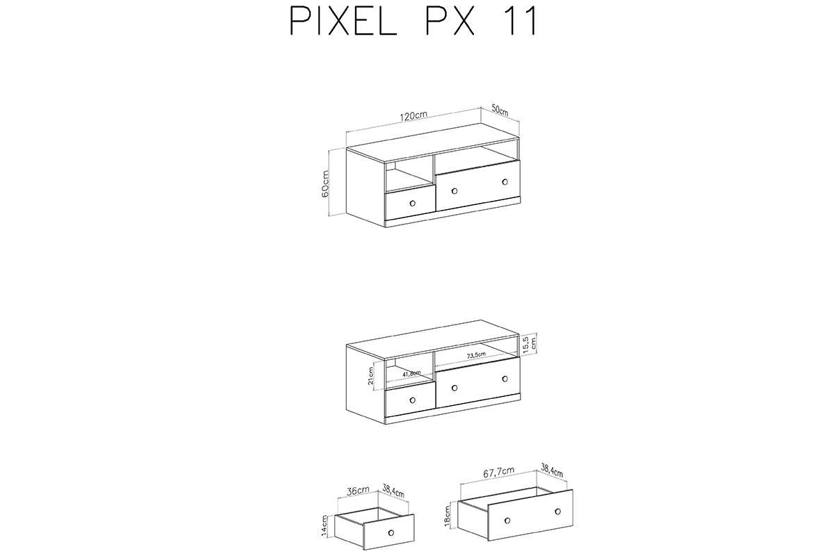 Szafka RTV Pixel 11 z szufladami 120 cm - dąb biszkoptowy / biały lux / szary Szafka RTV Pixel 11 - dąb biszkoptowy/biały lux/szary - wymiary
