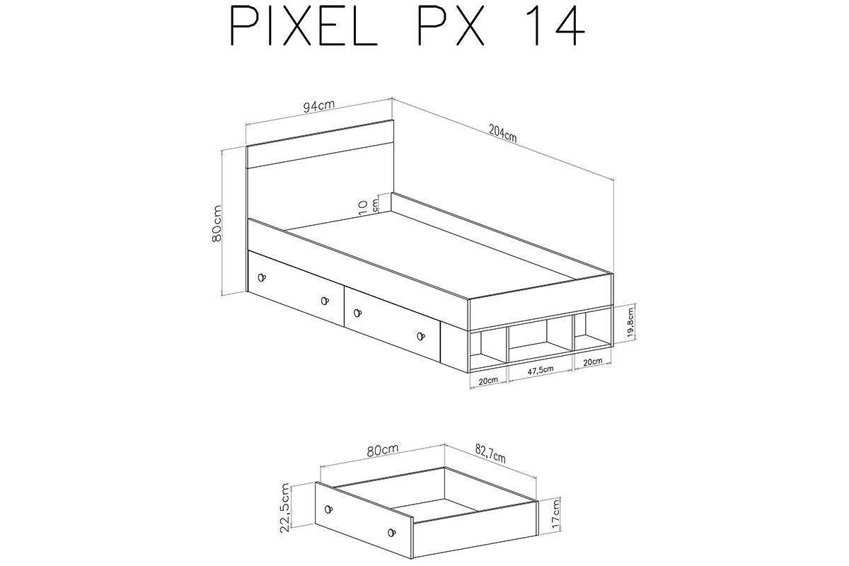 Łóżko jednoosobowe Pixel 14 młodzieżowe 90x200 - dąb biszkoptowy / biały lux / szary Łóżko młodzieżowe 90x200 Pixel 14 - dąb biszkoptowy/biały lux/szary - wymiary