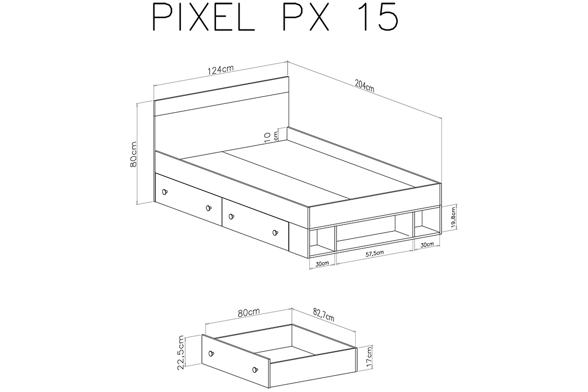 Łóżko młodzieżowe Pixel 15 z szufladami 120x200 - dąb biszkoptowy / biały lux / szary Łóżko młodzieżowe 120x200 Pixel 15 - dąb biszkoptowy/biały lux/szary - wymiary