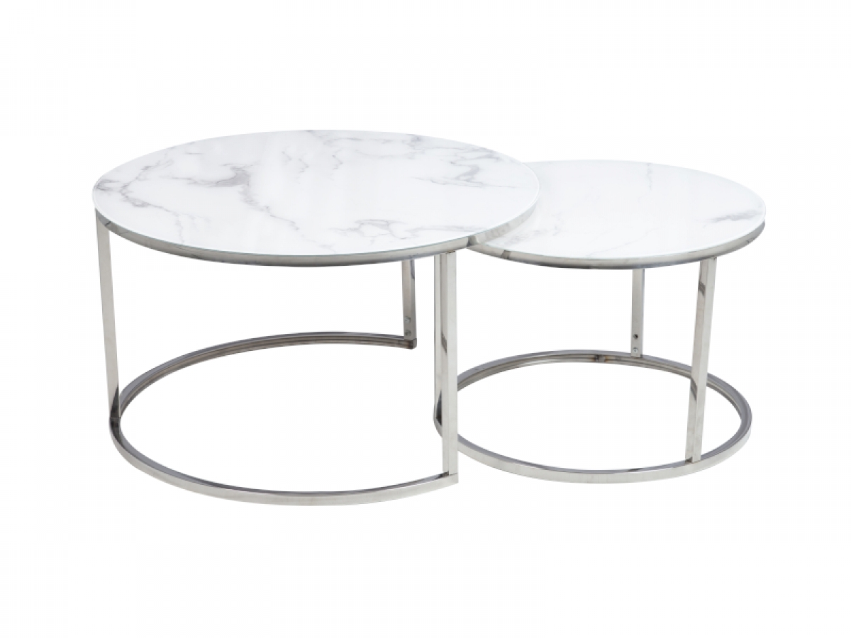 Zestaw stolików kawowych Atlanta B - efekt marmuru / biały / srebrne nogi - 2 elementy stolik kawowy