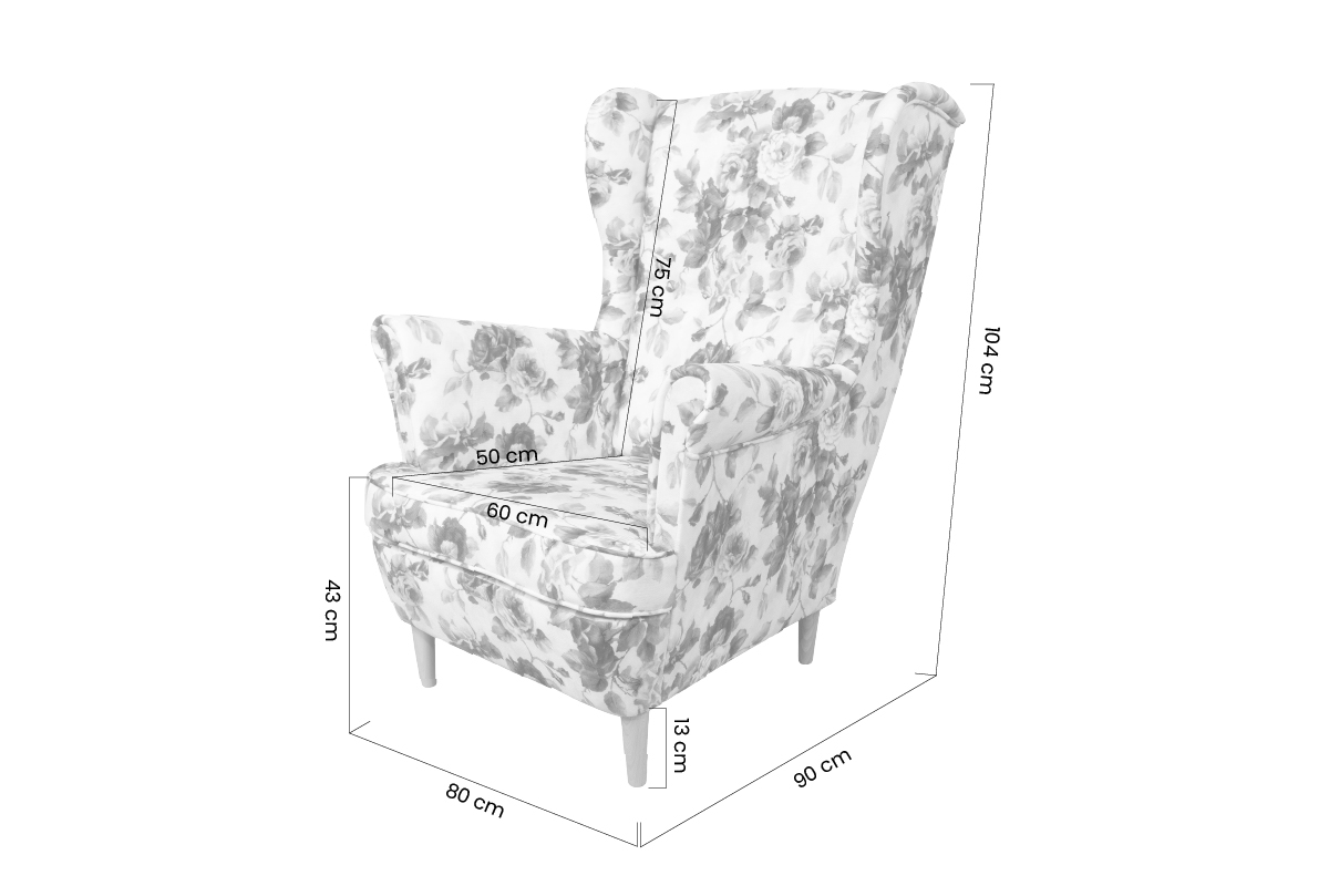Fotel Uszak Vilano z podnóżkiem - tkanina drukowana w kwiaty Coral Wm-82 / nogi buk   Fotel Uszak Vilano