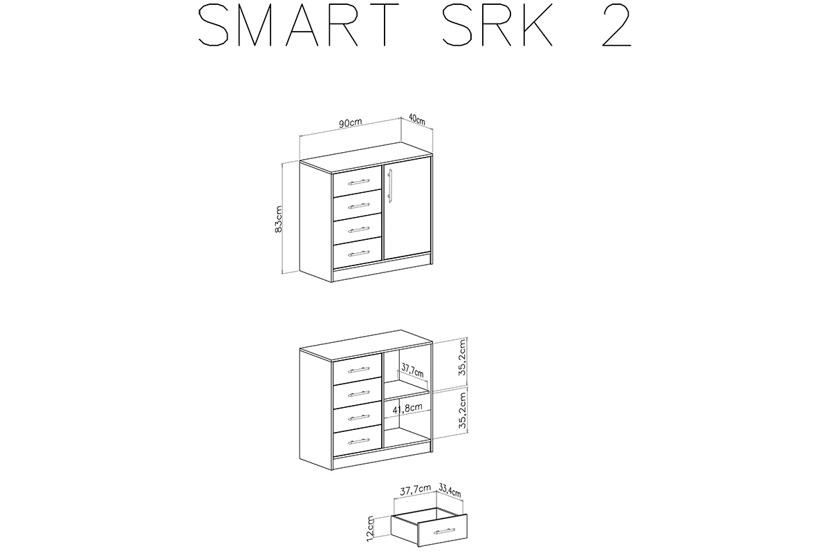Komoda Smart SRK2 z szufladami 90 cm - antracyt Komoda jednodrzwiowa z czterema szufladami Smart SRK2 - antracyt - schemat
