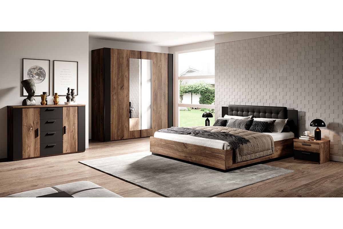 Łóżko do sypialni Sigma 30 z tapicerowanym wezgłowiem 140x200 - dąb flagstaf ciemny / czarny supermat brązowe meble do sypialni
