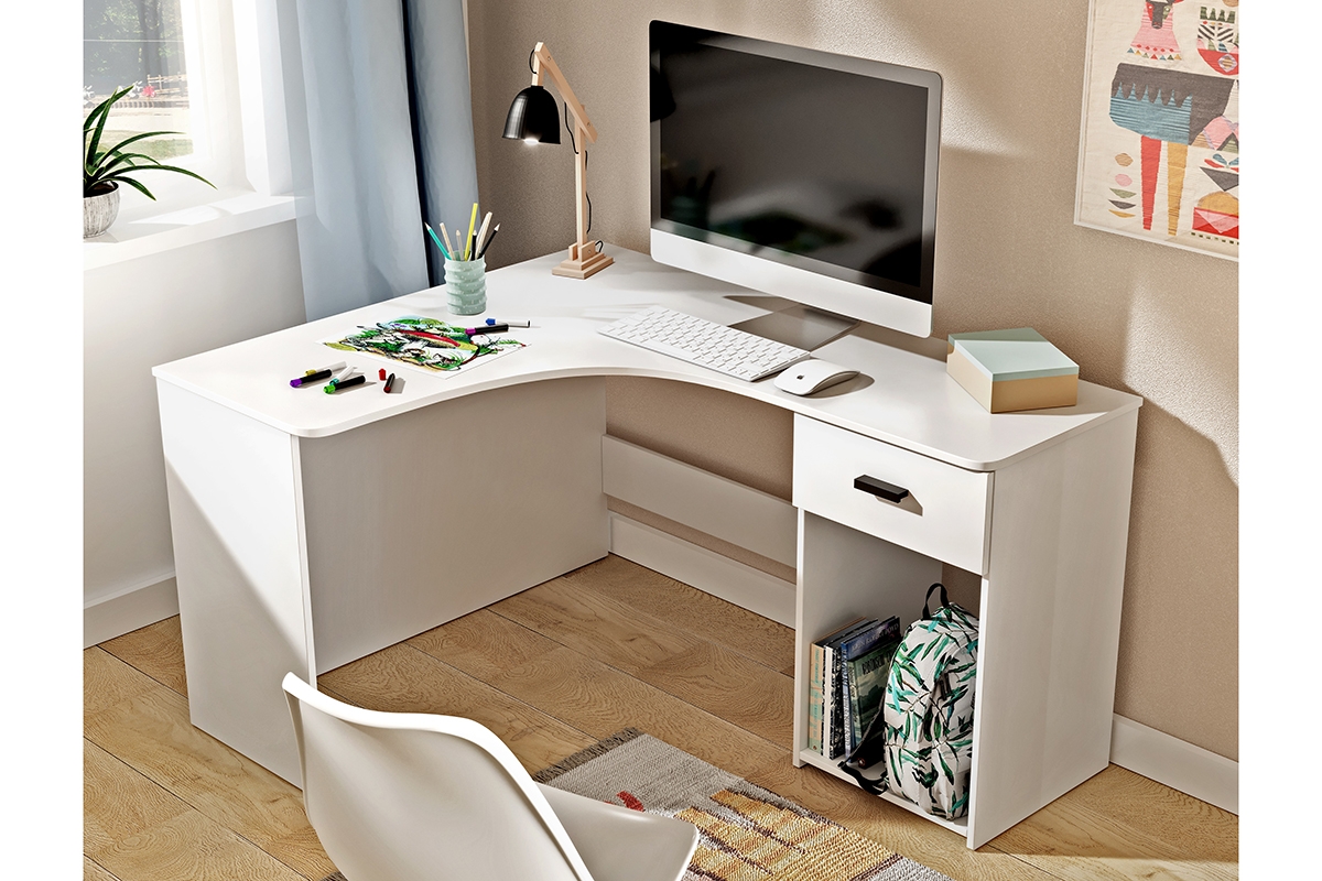 Narożne biurko Corner z szufladą i wnęką - biały nowoczesne białe biurko do rogu