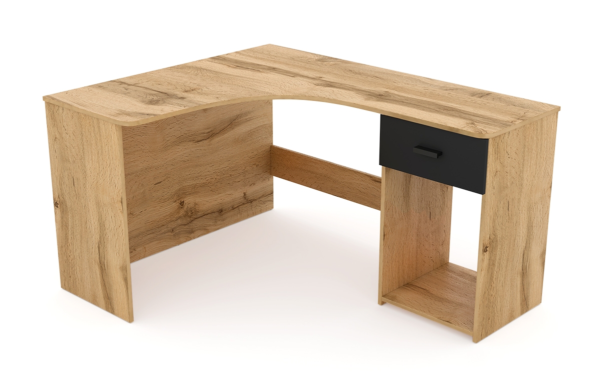 Narożne biurko Corner z szufladą i wnęką - dąb wotan / onyx czarny brązowe biurko do rogu