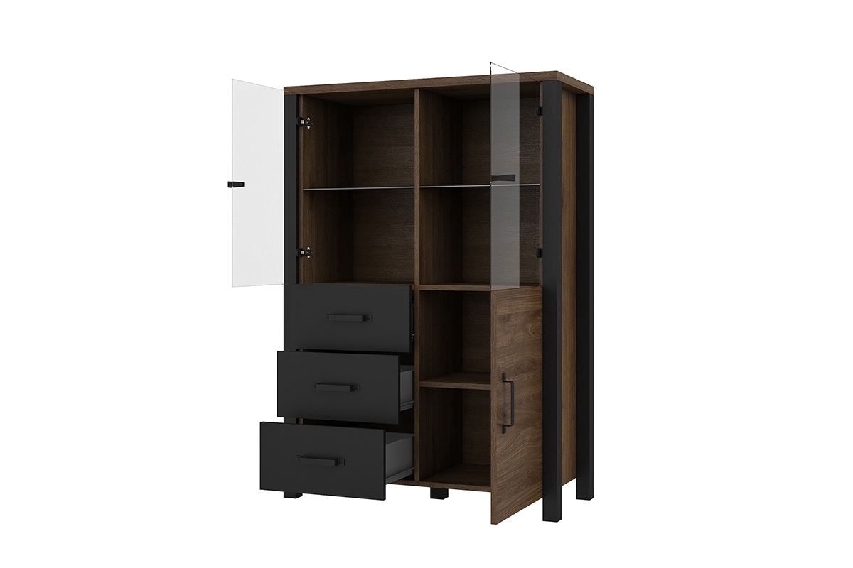 Trzydrzwiowa witryna Olin 44 z szufladami 101 cm - orzech okapi / czarny przeszklona witryna do salonu