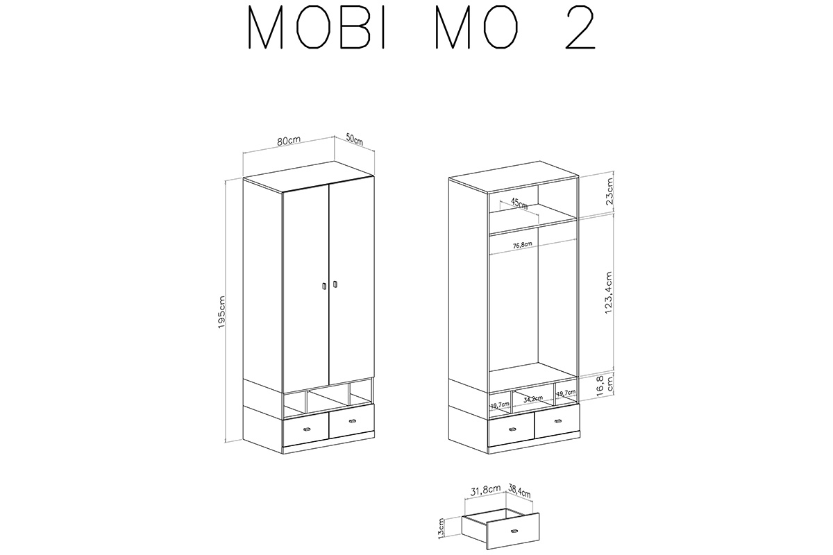 Szafa Mobi MO2 z szufladami 80 cm - biały / turkus wnętrze szafy mo2