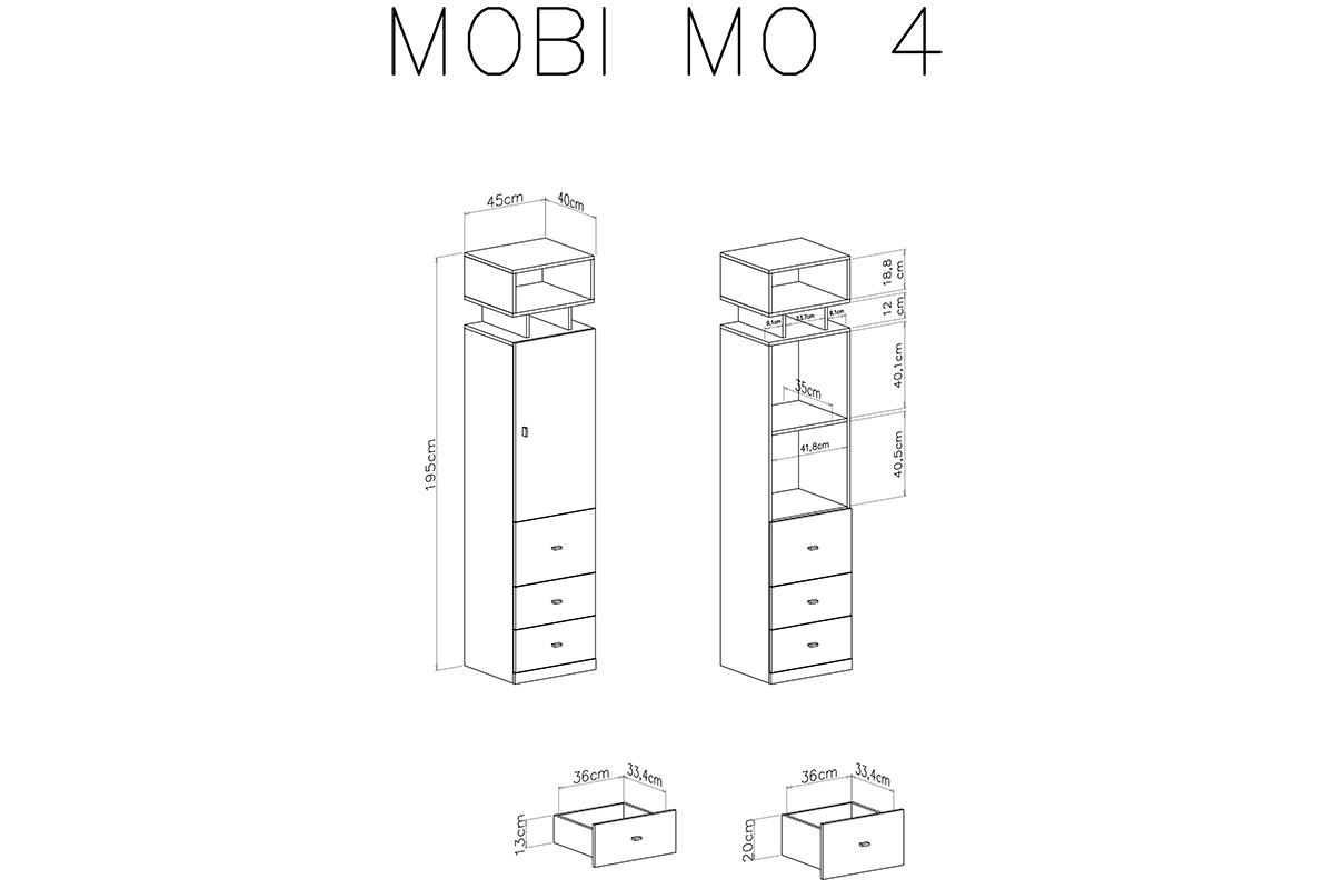 Regał Mobi MO4 L/P z szufladami 45 cm - biały / turkus wnętrze regału mobi 4
