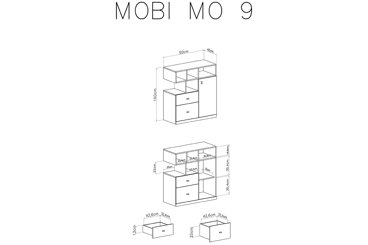 Komoda młodzieżowa Mobi MO9 z szufladami 90 cm - biały / turkus wnętrze komody 9 mobi