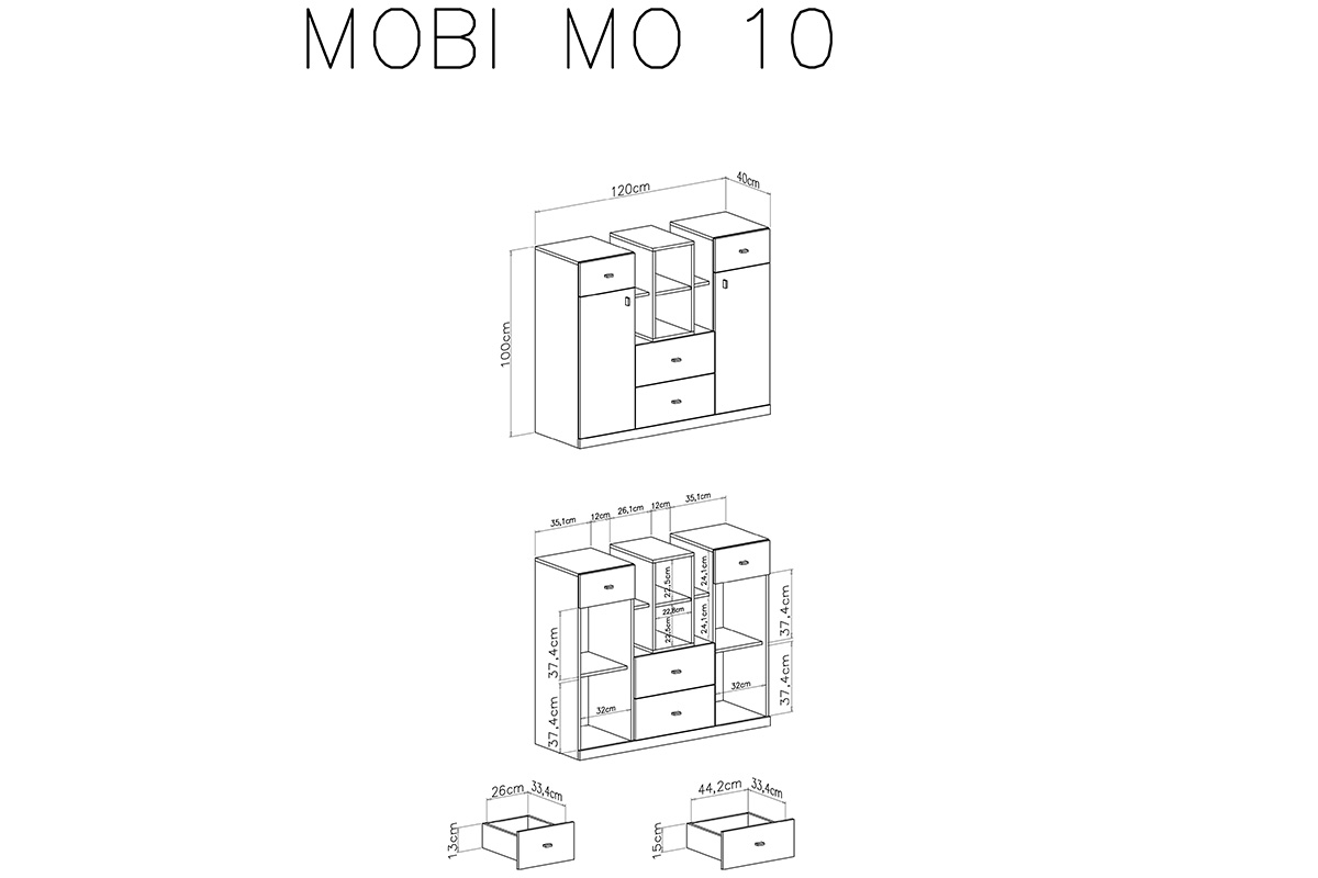 Komoda dwudrzwiowa z czterema szufladami i wnękami Mobi MO10 - biały / turkus wnętrze komody mo10