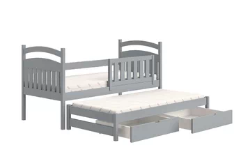 szare łóżeczko dziecięce z szufladami i barierką 
