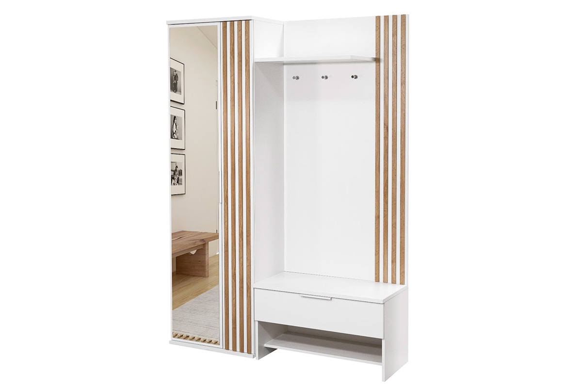 Garderoba do przedpokoju z lamelami z siedziskiem i lustrem Milo 140 cm - biały / dąb wotan