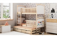 Łóżko piętrowe wysuwane z tablicą suchościeralną Amely - sosna, 80x190 potrójne łóżeczko dziecięce, sosnowe  