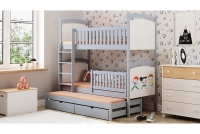 Łóżko piętrowe wysuwane z tablicą suchościeralną Amely - szary, 90x200 szare łóżko piętrowe z szufladami na zabawki 