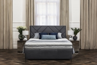 Łóżko tapicerowane sypialniane z pojemnikiem Simen - 140x200, nogi czarne łóżko Simen z wysokim wezgłowiem 