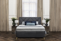 Łóżko tapicerowane sypialniane z pojemnikiem Simen - 160x200, nogi złote  łóżko do sypialni z wysokim wezgłowiem 