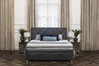 Łóżko sypialniane z tapicerowanym stelażem i pojemnikiem Simen - 160x200, nogi złote łóżko do sypialni z miękkim wezgłowiem 