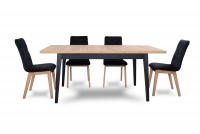 Stół rozkładany 200-250x100 cm Paris na drewnianych nogach - dąb sonoma / białe nogi stół i czarne krzesła