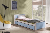Łóżko dziecięce parterowe Puttio - biały akryl + niebieski, 90x200 niebiesko-białe łóżko Puttio do pokoju chłopca 