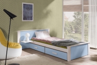 Łóżko dziecięce parterowe Puttio II - biały akryl + niebieski, 90x200 niebiesko-białe łóżko dziecięce 