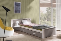 Łóżko dziecięce parterowe Puttio II - biały akryl + trufel, 90x200 łóżko dziecięce z wezgłowiem z płyty laminowanej 