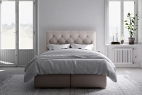 Łóżko kontynentalne z pojemnikami Izyda - 160x200 beżowe łóżko z wysokim wezgłowiem 